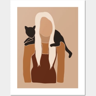 Woman Cat On Shoulder Posters and Art